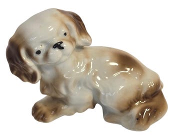 Vintage Occupied Japan Porcelain Dog Figurine Spaniel Puppy Brown White Glossy