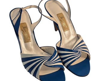 Zapatos de tacón Fiammante by Color Mate Vintage Blue Cream Leather Pleated Peep Toe Heels 10B