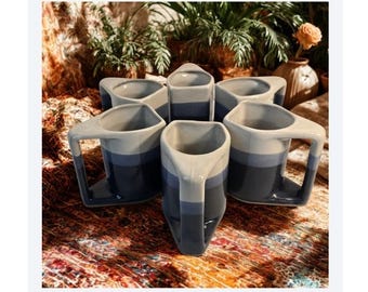 Vintage Modernist Nesting Geometric Ceramic Mugs Set of 6 Blue Grey Cream