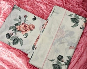 Vintage WestPoint Stevens Queen Sheet Set Pink Rose Butterfly Polka Dot USA Made