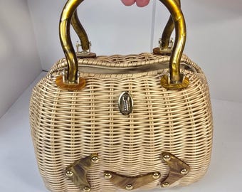 Vintage Simon Styled by Mister Ernest Wicker Handbag Lucite Handle Tortoise Tan