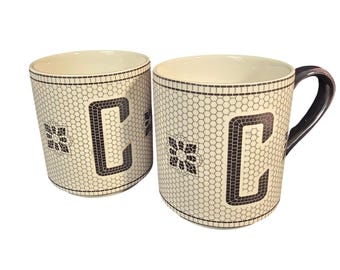 Anthropologie Tiled Margot Monogram Mug Set of 2 Letter C Black White Mosaic