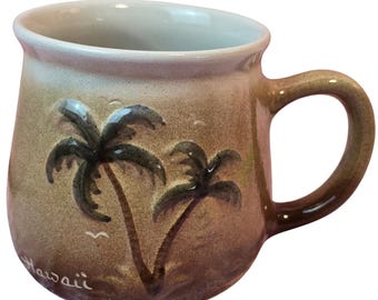 Vintage Hawaii Hand Cast Pottery Mug Palm Tree Raised Relief Brown Stoneware