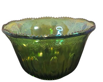 Indiana Glass Harvest Grape Carnival Glass Bowl | Lime Green Iridescent Vintage 12" LARGE