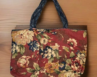 Handgemachte Große Einkaufstasche, Wendbar, Vintage Rosen Print Burgund Blau, 55 x 15 Inch