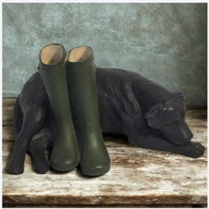 May include: A decorative sculpture featuring a black Labrador dog with a pair of green rubber boots. The boots are positioned upright, resting against the dog's back. The sculpture is set on a wooden surface.