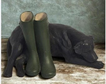 Vintage Black Labrador Dog Figurine with Green Wellington Boots For Collector