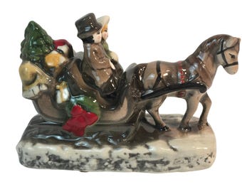 Vintage 1983 Ceramic Horse Drawn Sleigh Christmas Figurine Winter Scene Decor