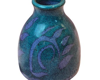 Studio Pottery Teal Blue Speckled Bud Vase Hand Painted Floral Swirl Signed