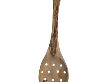 Handcrafted Olive Wood Slotted Spoon Rustic Wooden Kitchen Strainer Utensil 12in