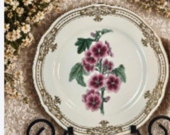 Vintage Botanical Porcelain Plate Pink Mallow Floral Gold Filigree Scalloped Rim