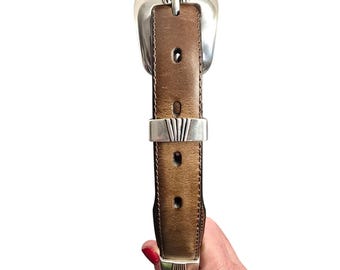 Nocona Belt Mens Brown Leather Western Whipstitch silver Concho Belt 32 Vintage