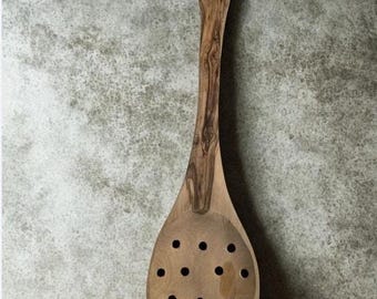 Handcrafted Olive Wood Slotted Spoon Rustic Wooden Kitchen Strainer Utensil 12in