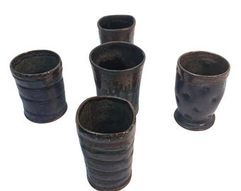Signed Studio Pottery Tumblers Set of 5 Iridescent Metallic Glaze Stoneware Cups