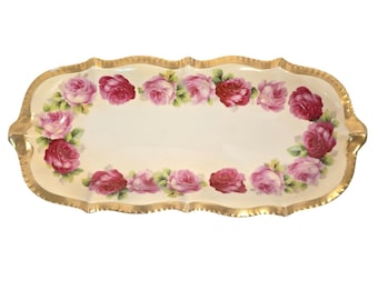 Plato de porcelana vintage para apio con diseño floral de repollo rosa y detalles dorados, bandeja de tocador de 30 cm (12").