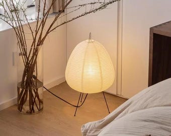 Japanese Rice Paper Tripod Lamp – Minimalist Japandi Home - Wabi Sabi Design - Akari Inspired