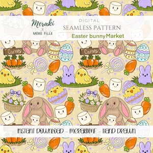 Osterhasen Markt Musterdesign PNG Hand Gezeichnet Digitales Papier - Sublimation, Stoff & Oberflächendesign niedlichen pastellhasen Karotte download