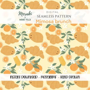 Mimosa Brunch Seamless Pattern PNG Hand Drawn Digital Paper- Sublimation, Fabric & Surface Design Croissant Orange Blossom citrus download