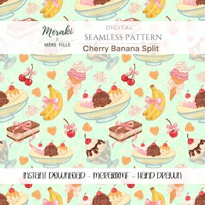 Peut inclure: Motif numérique sans couture avec un motif répété de coupes glacées à la cerise et à la banane, de cornets de crème glacée, de cerises, de bananes avec des nœuds roses et de sandwichs à la crème glacée sur fond vert clair. Le texte "Cherry Banana Split" est visible.