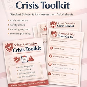 May include: A printable "School Counselor Crisis Toolkit" with worksheets for student safety and risk assessment. The design features a red and white color scheme with the text "Crisis Toolkit" in navy blue. Includes crisis response and calming support.