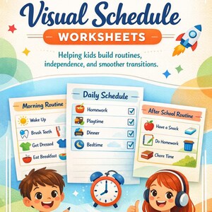 Puede incluir: Hojas de trabajo de horario visual de TDAH con ilustraciones de rutinas diarias. Incluye horarios de mañana, diarios y después de la escuela. Presenta a un niño con un lápiz, una niña con auriculares y un cohete.