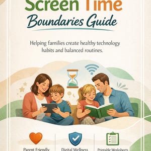 May include: An illustrated guide titled "Screen Time Boundaries Guide" with a family reading and using technology. The guide promotes healthy technology habits and balanced routines. Icons include a heart, a shield, and a checklist.