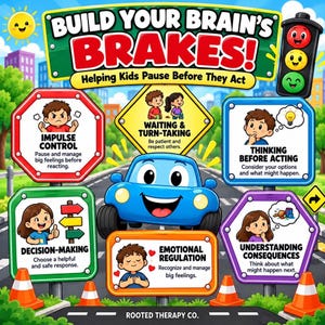 May include: A colorful educational poster titled Build Your Brain's Brakes! Helping Kids Pause Before They Act. It features a blue cartoon car and various road signs illustrating concepts like impulse control, waiting, and emotional regulation.