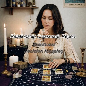 May include: A woman sits at a table with tarot cards laid out in a star pattern. The text "Relationship Crossroads Report" and "Emotional Decision Mapping" are visible. Candles, crystals, and a decorative box are also on the table.