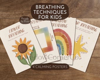 Posters ademhalingsoefeningen voor kinderen | Bloem, regenboog, doos, ster (digitale download)