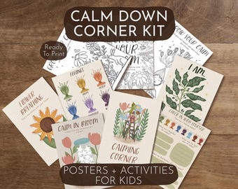 Calm Corner Kit – Gevoelskaart, mindfulnesshulpmiddelen, affirmaties, kleurplaten (digitale download)