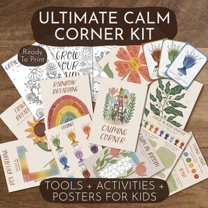 Op de afbeelding: Een verzameling bedrukte kaarten en posters voor kinderen, met de tekst "ULTIMATE CALM CORNER KIT". De kaarten bevatten illustraties van bloemen, regenbogen en gevoelstabellen. De tekst bevat "Rainbow Breathing" en "Calming Corner".