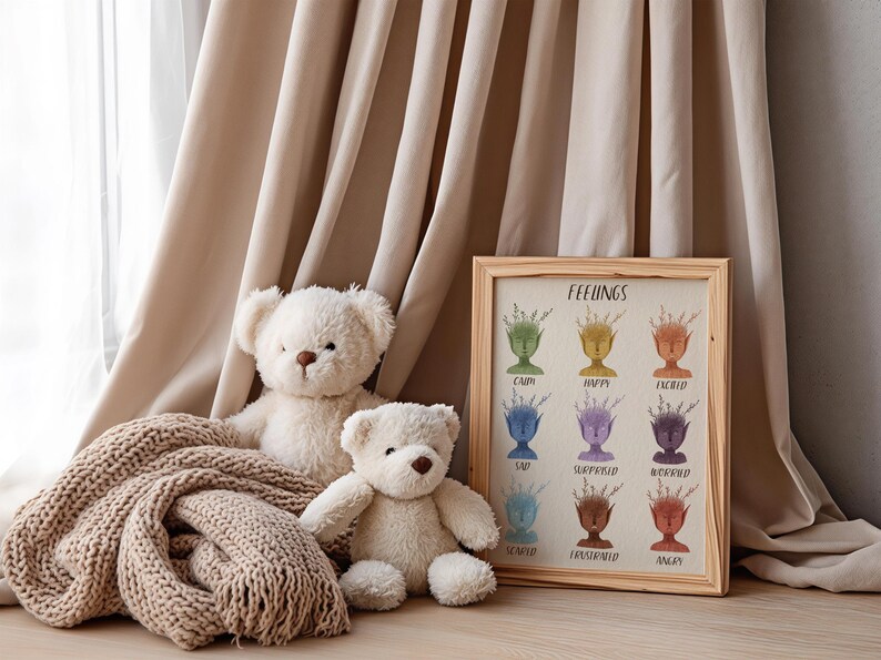 May include: Two white teddy bears sit near a framed print with the word "FEELINGS" at the top. The print displays colorful illustrations representing different emotions. A beige knitted blanket rests in front of the bears.