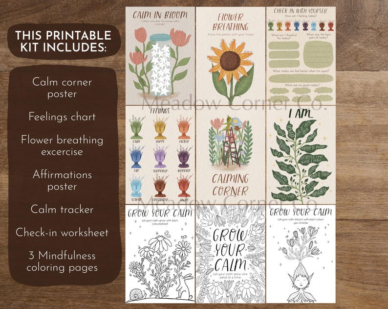 May include: A printable kit featuring a calm corner poster, feelings chart, flower breathing exercise, affirmations poster, calm tracker, check-in worksheet, and 3 mindfulness coloring pages. The kit includes illustrations of flowers and the text "Calm in Bloom" and "Grow Your Calm."