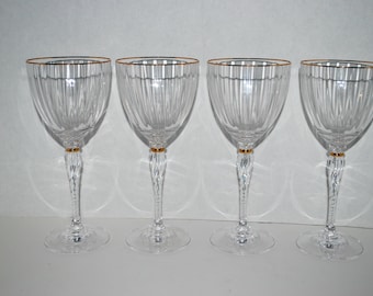 Vintage fine crystal wine glasses set of 4 Optic glass thin gold rim  gold band on stem  vintage barware elegant glassware stemware