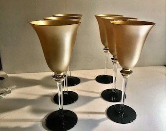 Retro wine glasses  gold and black barware  vintage glasses