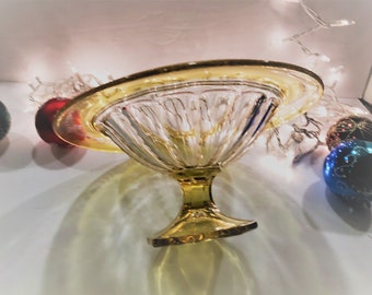 Vintage yellow and clear glass bowl etched bowl rolled rim bowl footed bowl glass compote home decor