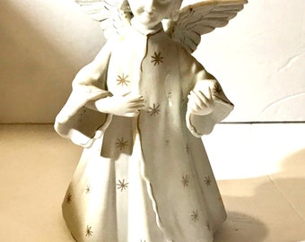 Vintage Schmid bisque angel candle holder white and gold porcelain Christmas decor  single taper candle holder