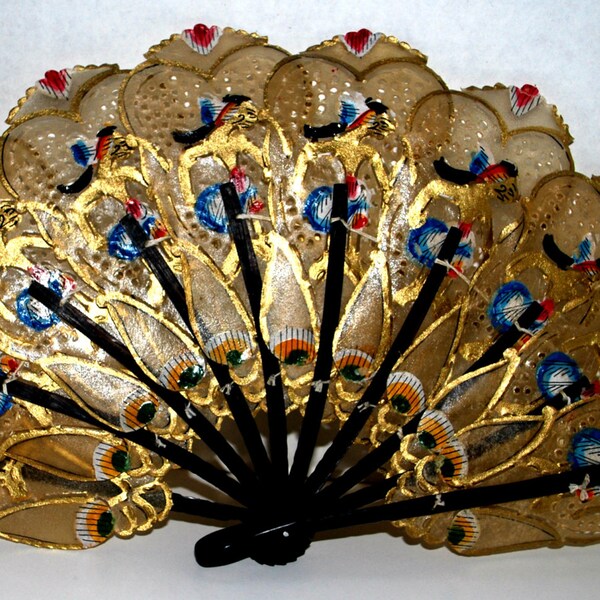 Gold painted hand fan   Art nouveau  fan painted parchment paper  decorated hand fan   pierced  fan movie prop  photo props