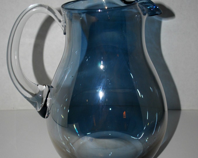 Blue Glass Iridescent Glass Pitcher Applied Handle Vintage Etsy