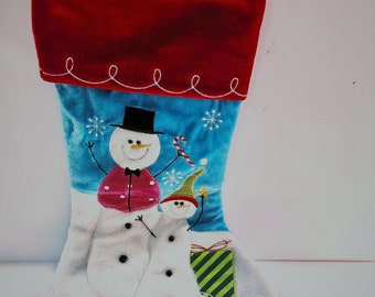 Vintage Christmas stocking snowman stocking  turquoise stocking Christmas decoration