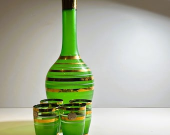 Vintage MCM  Emerald green glass decanter  with stopper, 5 piece set  Bohemian Czech glass 1950's barware