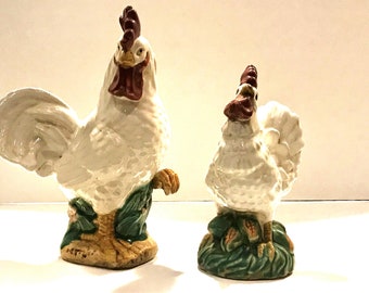 Rooster and hen ceramic figurines mid century home decor farm house rustic chic