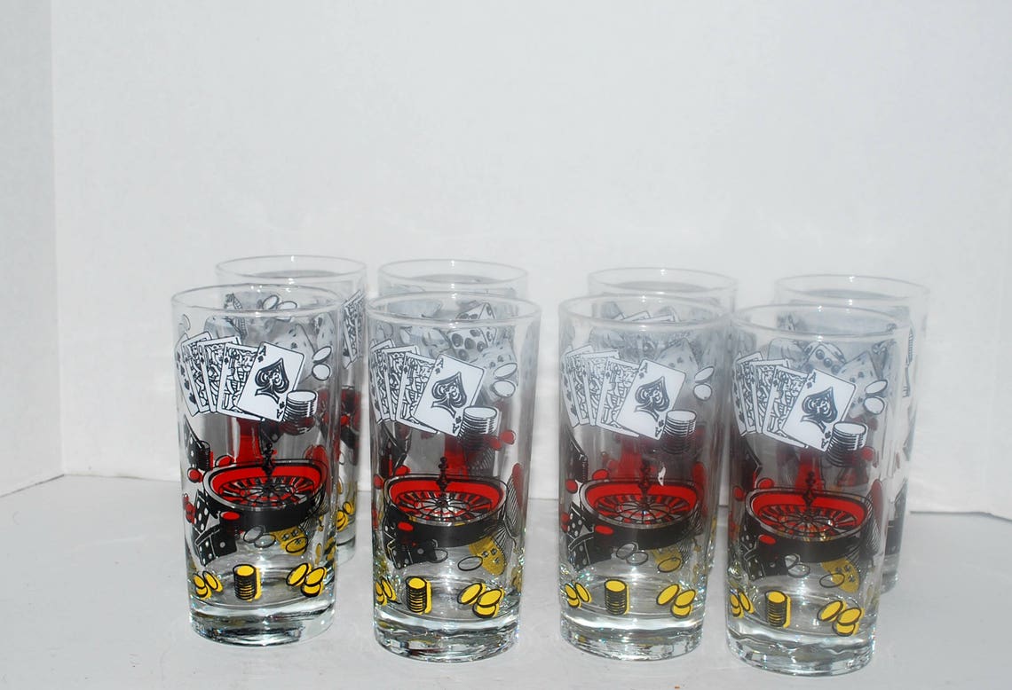 Vintage Novelty Glassware Casino Glasses and Tray 9 Piece Set Etsy