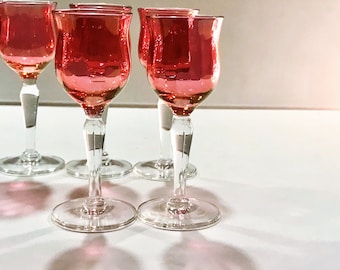 Cranberry flash  cordials  set of 6 optic cranberry glass with clear optic stems vintage barware cranberry glass elegant glass
