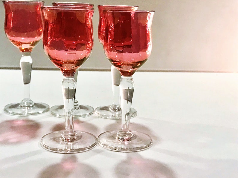 Cranberry Flash Cordials Set of 6 Optic Cranberry Glass With Clear