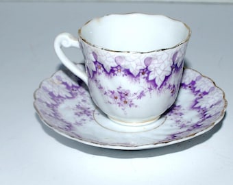 demitasse cup and saucer Vintage  purple and white china  espresso cup and saucer