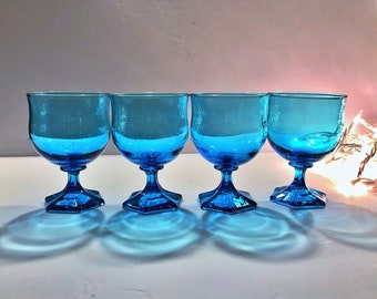 Mediterranean blue vintage glasses set of 4 vtg juice glasses retro barware Anchor Hocking glasses hexagon base colorful glasses