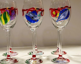 Vintage Christmas goblets  wine glasses  hand painted stemware Tabla Holiday Tidings goblets