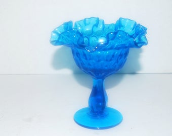 Vintage Fenton blue glass  compote candy dish nut dish ruffled edge thumb print glass retro glass