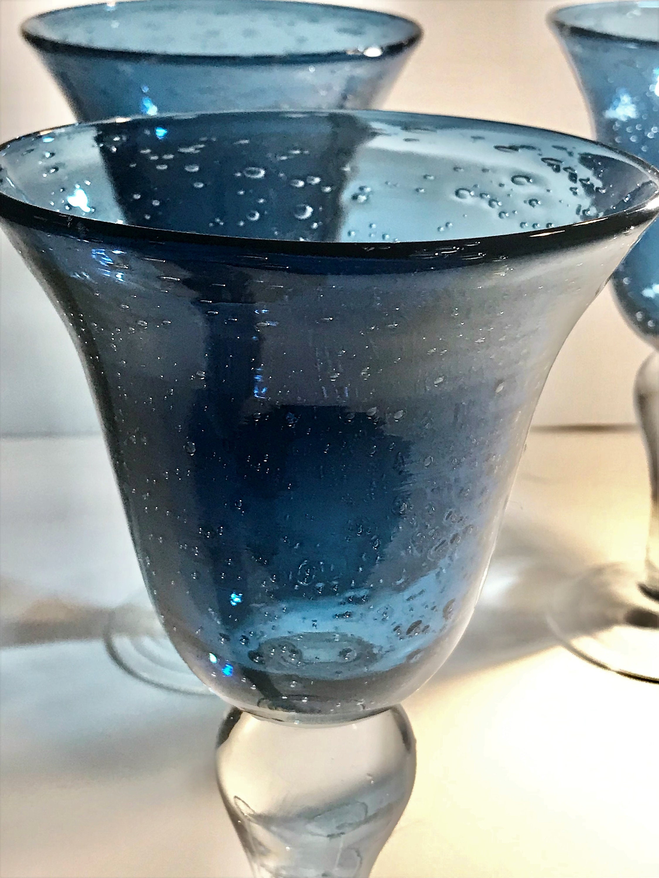 Vintage Sapphire Blue Bubble Goblets Large Wine Glasses Retro Barware